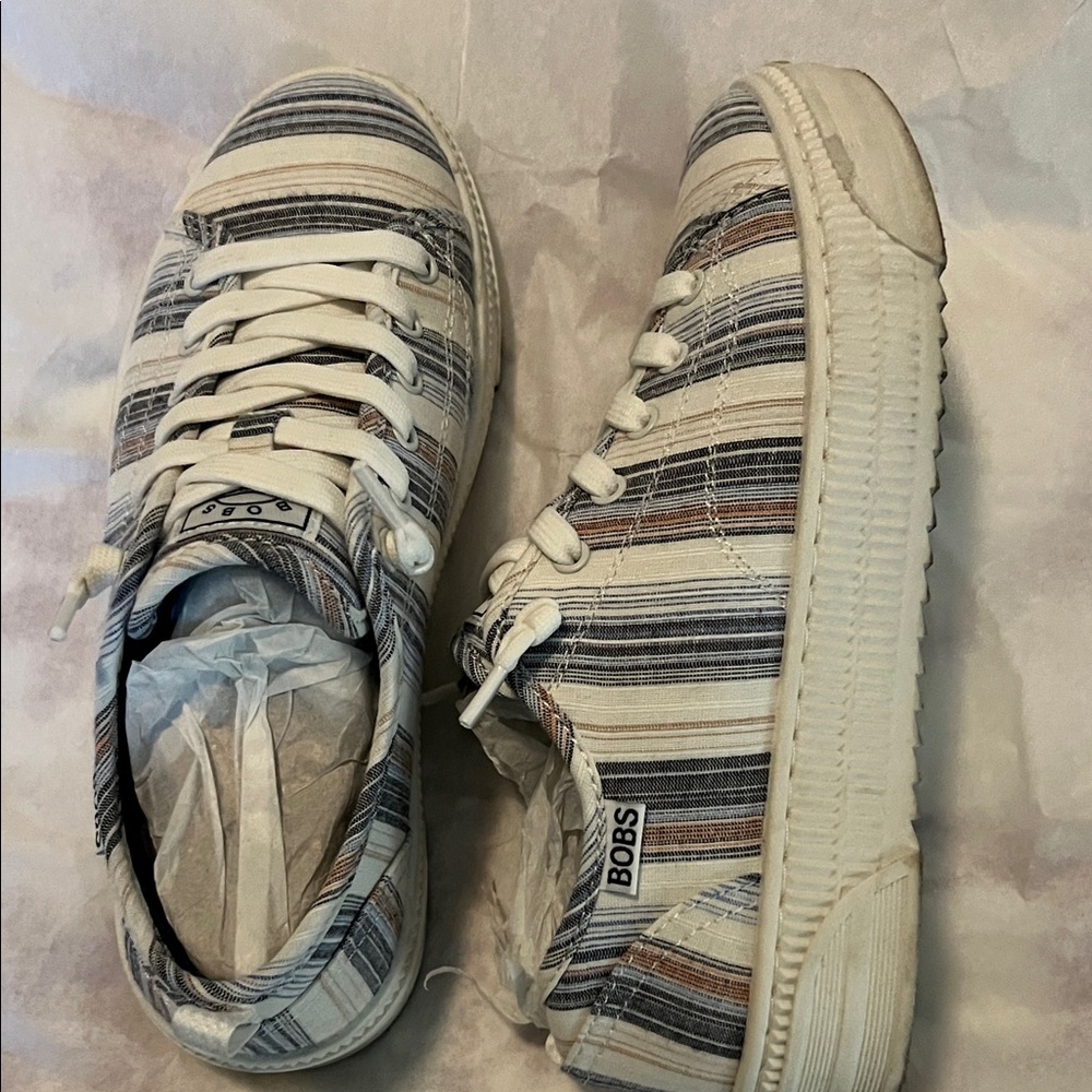 Skechers BOBS Striped Sneakers - Cream and Blue